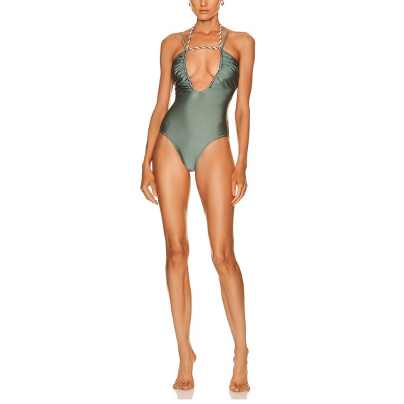 SHANI SHEMER | Women’s Small Olive Green Plunge One-Piece Swimsuit - Picture 1 of 12